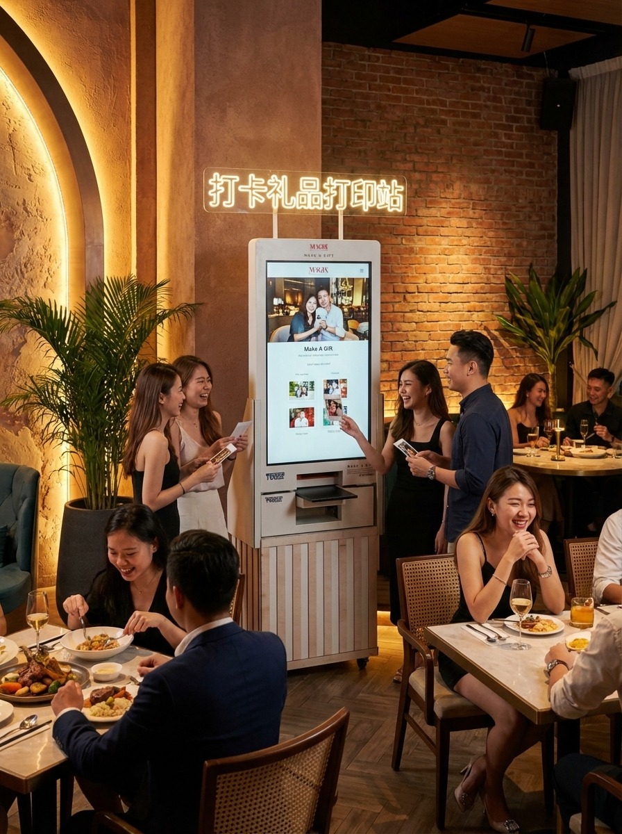 A Magix kiosk drawing a lively crowd at a restaurant venue