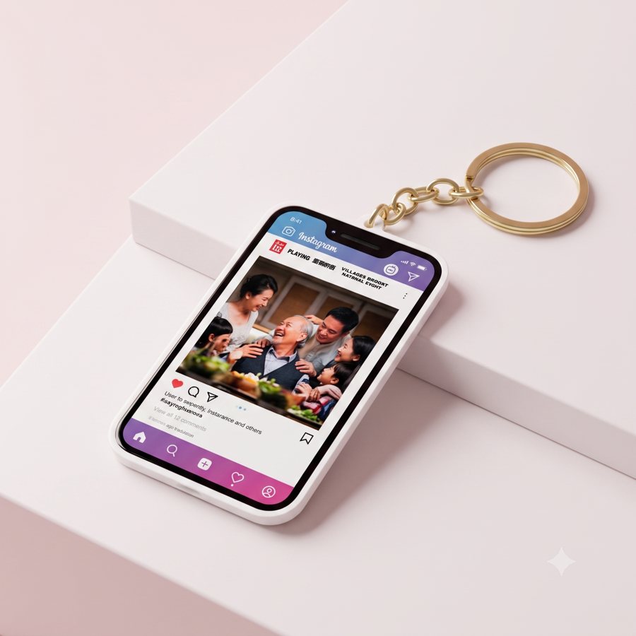 A custom acrylic photo keychain printed with a family photo