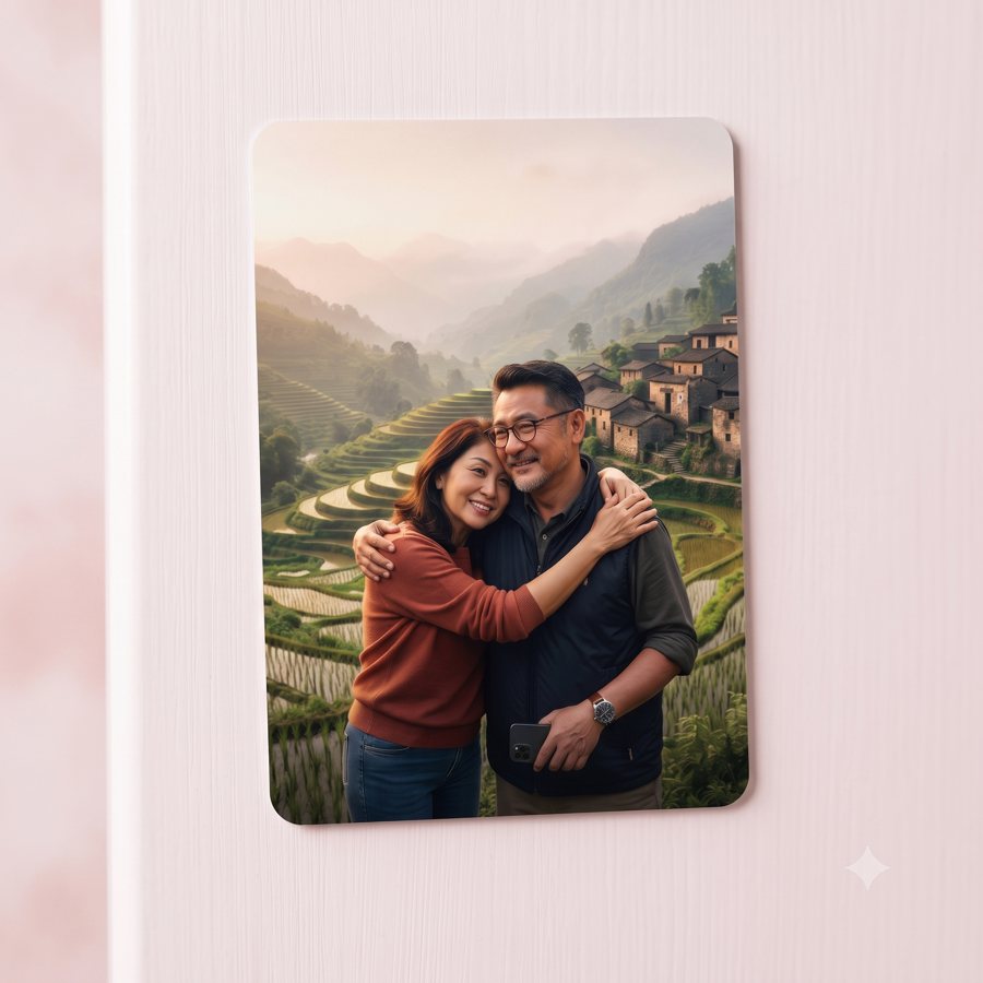 A custom fridge magnet printed with a couple's travel photo