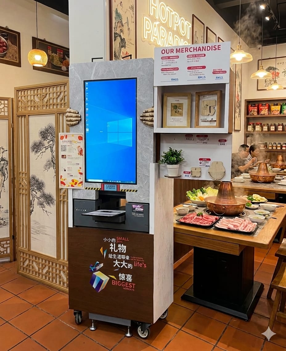A Magix kiosk and its branded merchandise display placed inside a busy restaurant