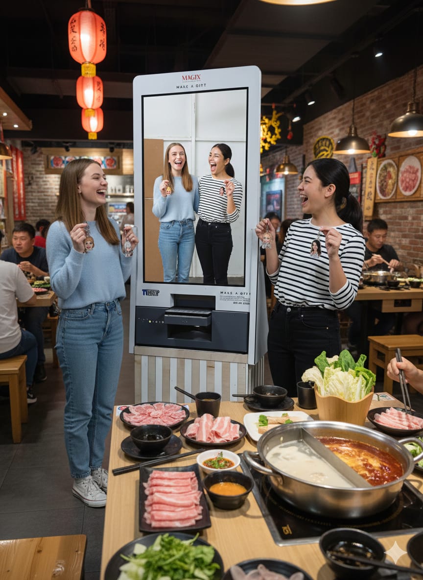 Friends laughing with printed keepsakes at a Magix kiosk in a hotpot restaurant