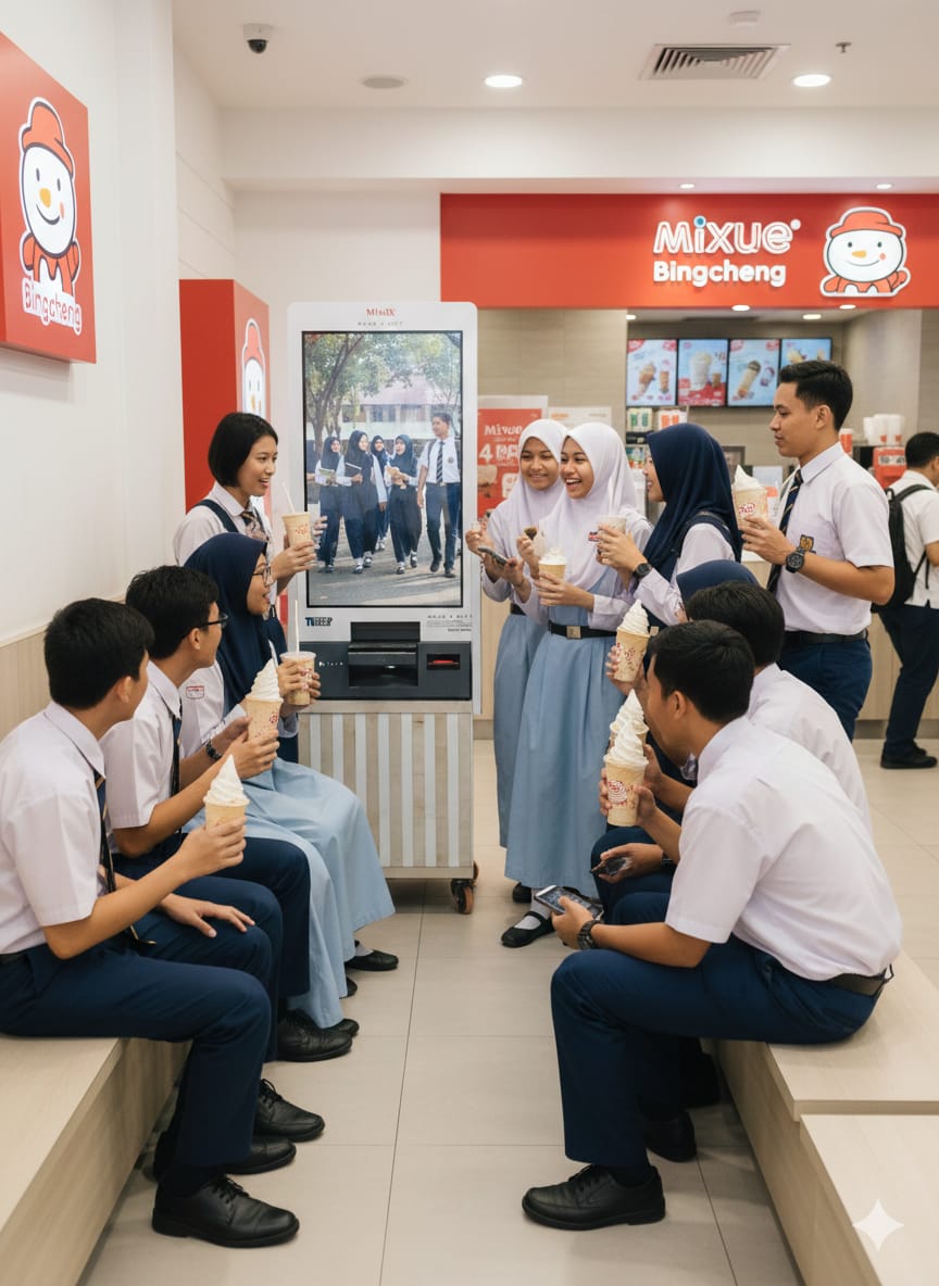 Students using a Magix kiosk at a Mixue store