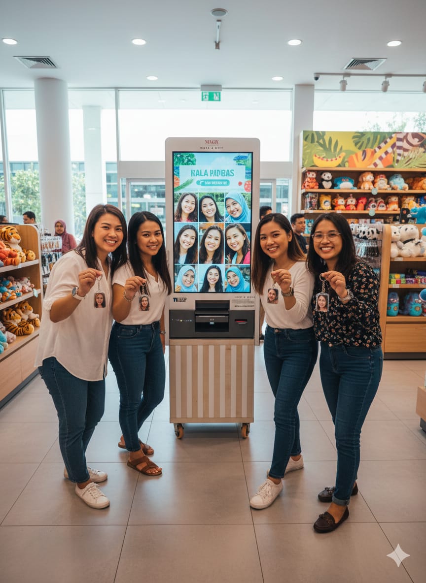 Customers collecting printed keychains at a Magix kiosk in a retail store
